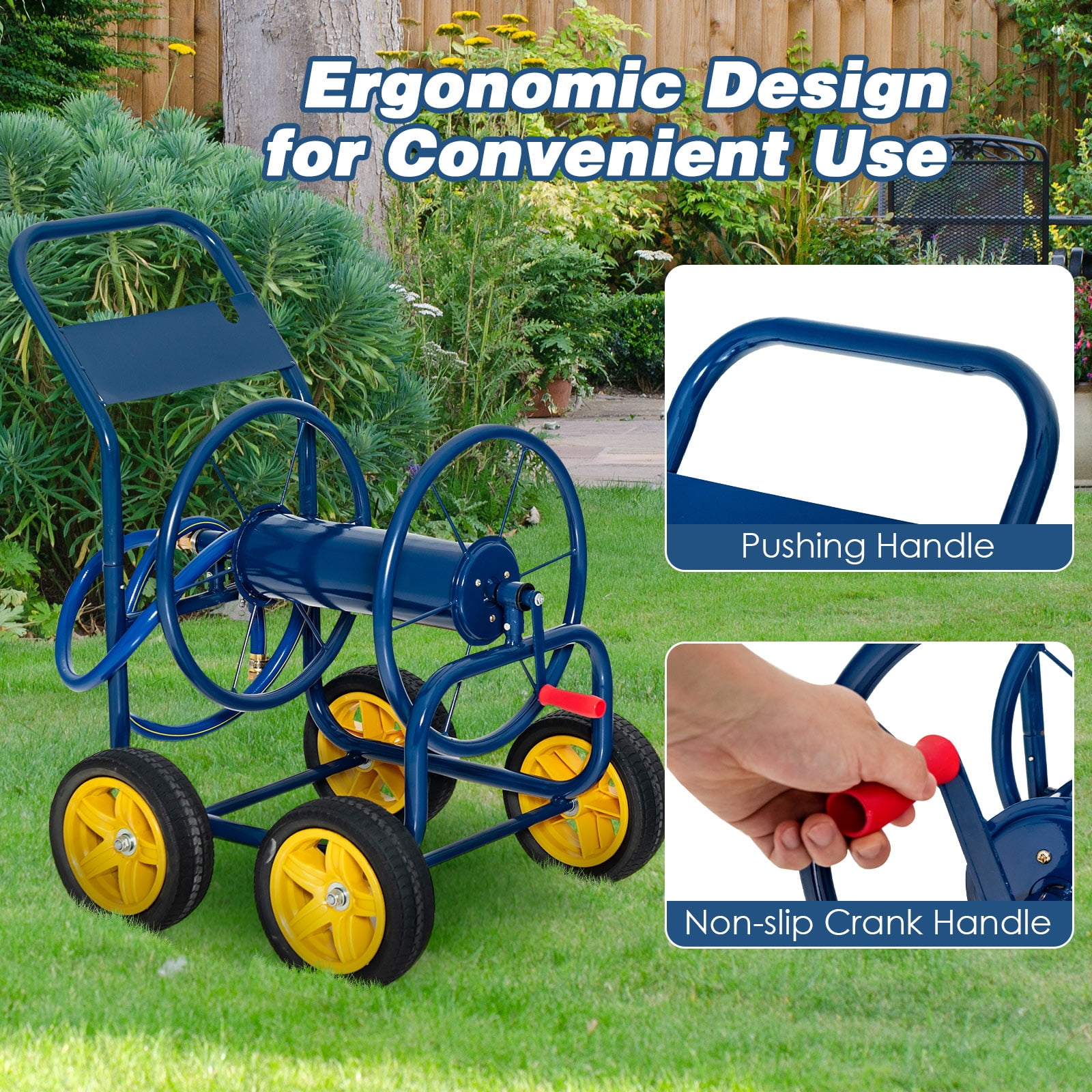 Topbuy 4-Wheel Garden Water Hose Reel Cart, Heavy Duty Wheel Water Planting Cart with Non-slip Crank Handle, Outdoor Slide Hose Guide System