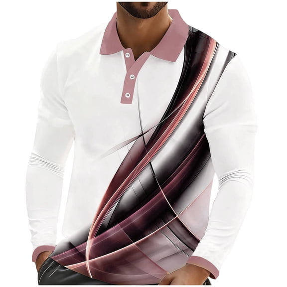 Men's Shirt Long Sleeve Quarter Button Lapel Collar Print Pullover Loungewear Pink-1 M