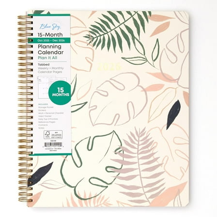 Blue Sky 15 Month 2026 Weekly and Monthly Planner Calendar, October 2025 - December 2026, 8.5" x 11", Laminated Cover, Wirebound, Laminated Tabs, Storage Pocket, Includes Stickers, Coronado
