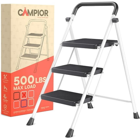 White 3 Step Stool Foldable – Heavy-Duty Foldable Step Stool for Adults, 500 lbs Capacity, Anti-Slip Feet & Wide Steps, Lightweight & Space-Saving Design for Home, Kitchen & Garage