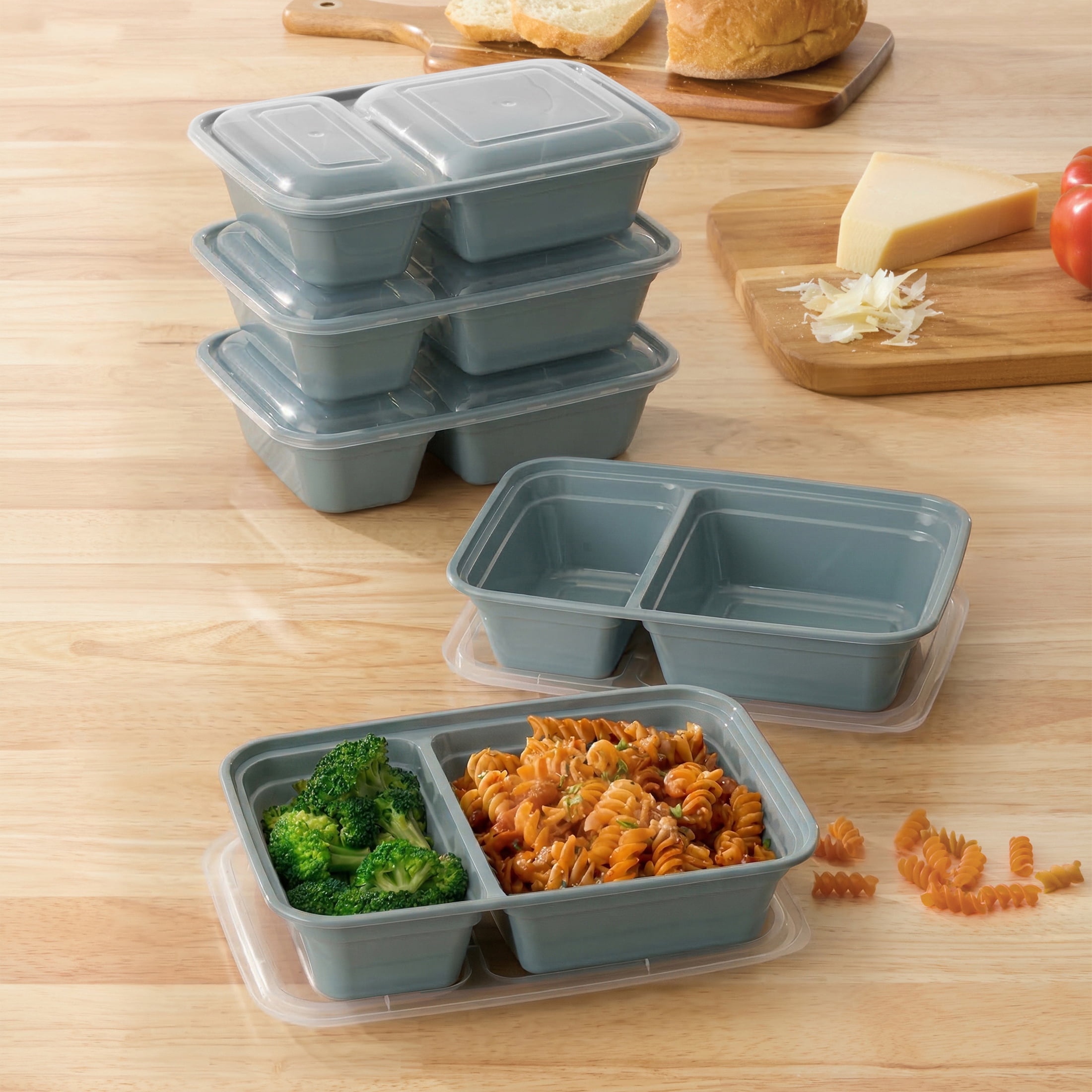 Mainstays 5-Pack 2-Compartment BPA-Free Plastic Meal Prep Food Storage Containers, 0.9L, Blue Cameo