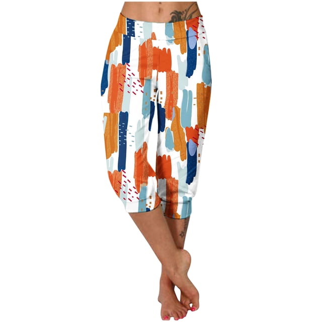 Pantalones Casuales de las Mujeres Imprimidos Leggings Pantalones Recortados, Pantalones Elásticos Cómodos para el Día Y el Deporte