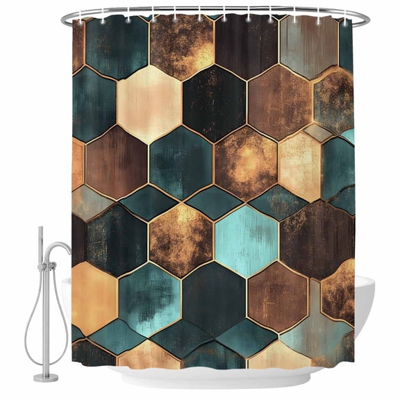Abstract Brown Teal Geometric Fabric Shower Curtain Modern Washable Shower Curtains for Bathroom, Waterproof Bath Curtain with Hooks Home Decor 72x72in