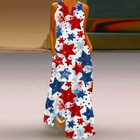 CFLVAEK 4th of July Dress Women Novelty Stars Stripes Print Patriotic Dresses with Pockets Loose Fitted V Neck Maxi Dress Summer Vacation Beach Sleeveless Sundress XL