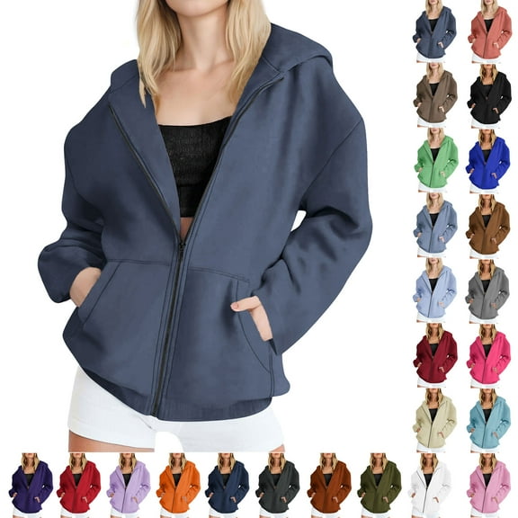 Horkkom Zip Up Hoodie Women Solid Color Long Sleeve Jackets Winter Fall Fleece Zip Up Sweatshirt with Pockets L