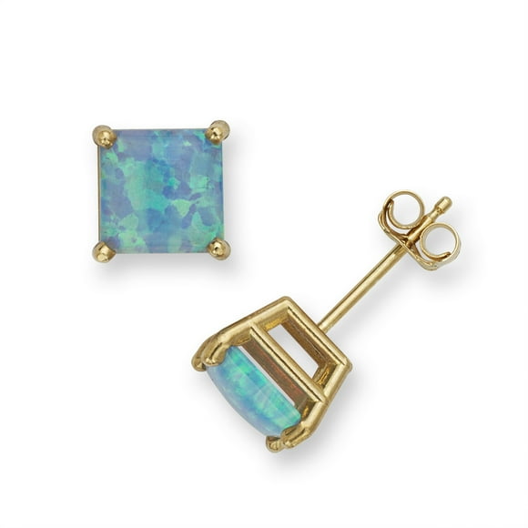 Solid 14k Yellow Gold Square Simulated Opal Stud Earrings (3 Color) Gift For Woman (sea Green)