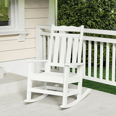 HUJAUU Patio Rocking Chair, Weather Resistant Outdoor Porch Rocker, Garden Slat Rocking Chairs, White