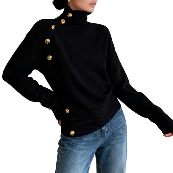 Women'S Long Sleeve Sweater with Gold Buttons Loose Fit Knitted Pullover Casual Tops Black L