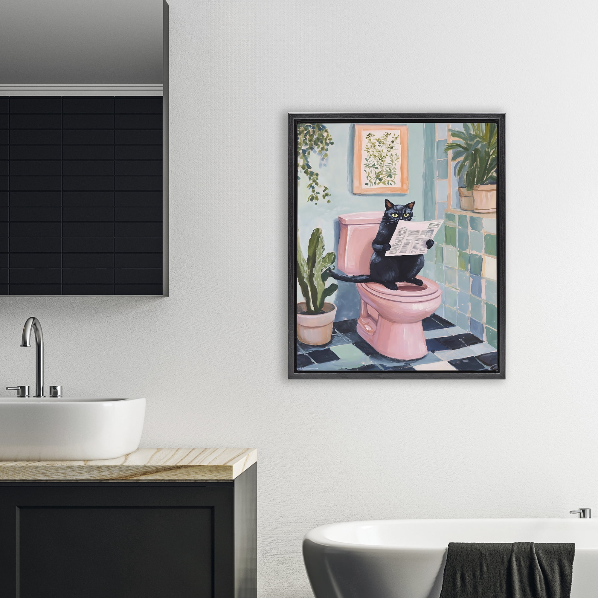 Stupell Industries Cat Reading on Pink Toilet Black Framed Floater Canvas Wall Art, design by The Prints Vibe