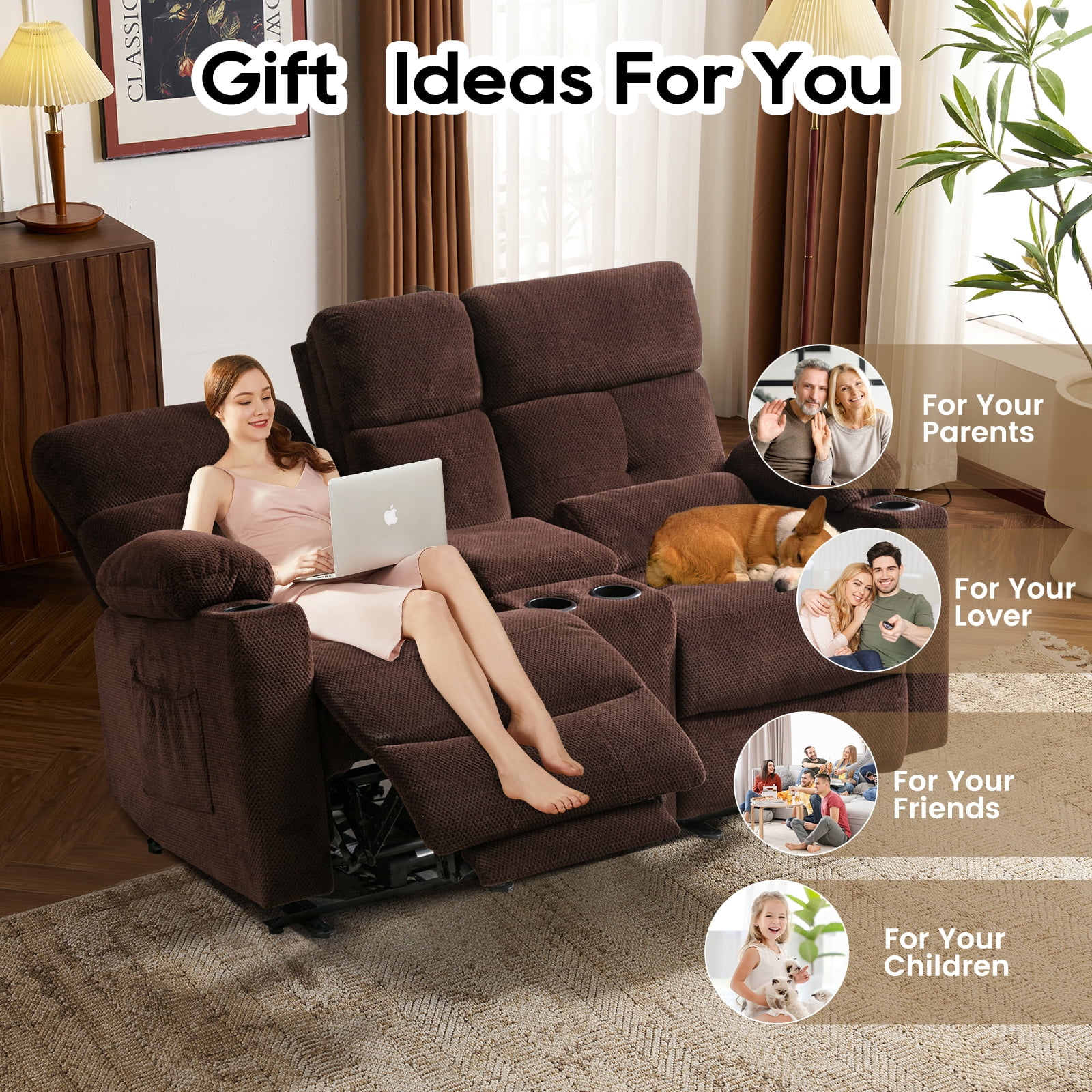 PYOIER Reclining Loveseat Sofa With Massage & Heating, Grey