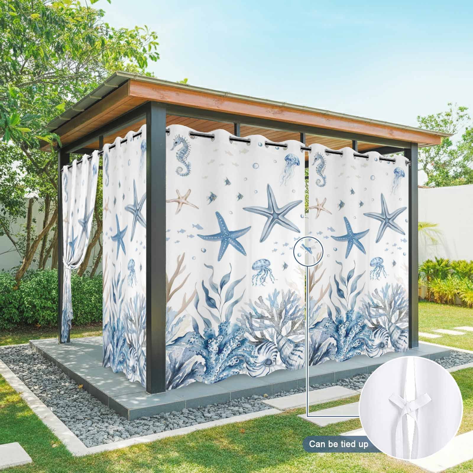 Ocean Starfish Outdoor Curtains for Patio, Nautical Coastal Jellyfish Seahorse Coral Seaweed Seashell Sunshade Privacy Drapes Grommet Waterproof Outside Curtains for Porch Balcony 54"x108", 1 Panel
