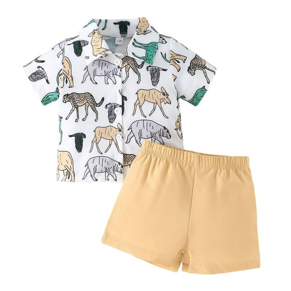 Gbsyewxs Boys Outfits Sets 2 Piece Lapel Short Sleeve Animal Print Tops And Shorts Casual Summer Toddler Outfits Khaki Size 9-12 Months
