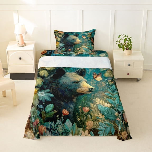 Erosebridal Jungle Animal Black Bear Twin Sheet Sets 3pcs For Boys Girls,Teens Oil Painting Style Flowers Butterfly Bedding