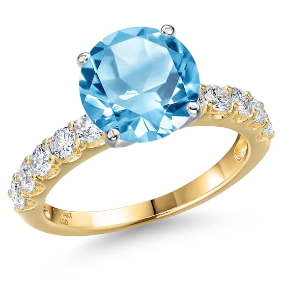 Gem Stone King 14K Two Tone Gold Swiss Blue Topaz and Lab Grown Diamond Engagement Ring for Women | 5.21 Cttw | Round 10MM | Gemstone November Birthstone | Size 6