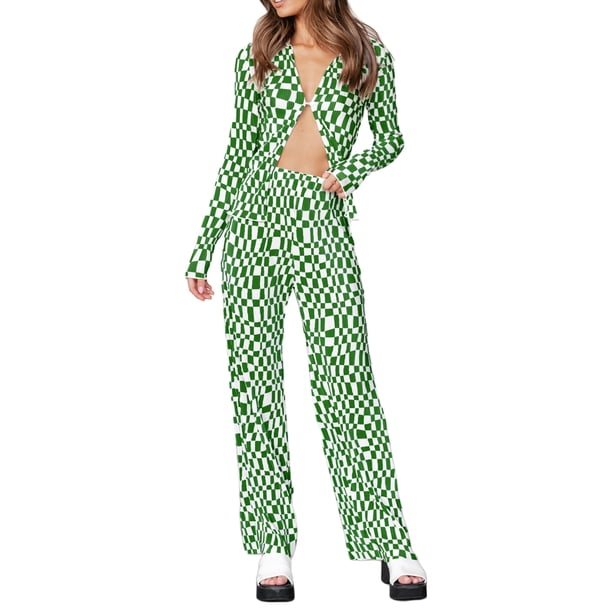 VISgogo Mujeres Tops Pantalones Traje, Manga Larga Solapa Cuello Botones Sueltos Camisa Pantalones Largos Verano Primavera 2 Piezas Traje VISgogo moda