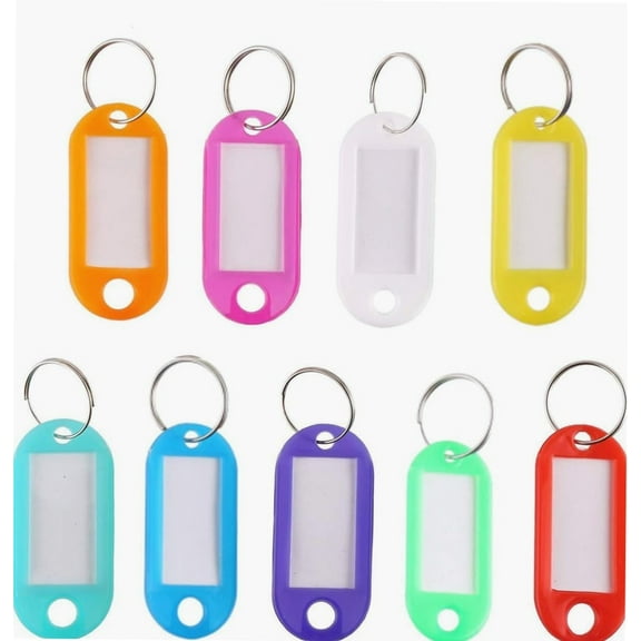 Key Tags Coloured,50 Pack Plastic Key Fobs Clear Keyring Tags Key ID Ring with Label Window for Hotel Office Name Memory Luggage 10 Colors