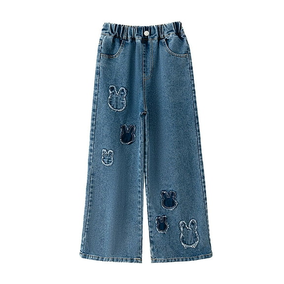 KAUOD Girls Cute Y2k Bunny Applique Baggy Jeans Wide Leg High Waisted Denim Pants Loose Fit Stretchy Trousers with Pockets