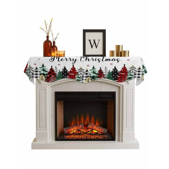 Christmas Fireplace Mantle Scarf, Winter Snowflakes Nature Forests Xmas Trees Mantel Cover Table Runner for Home Living Room Door Window, Indoor Outdoor Holiday Party Decor 17" x 60"