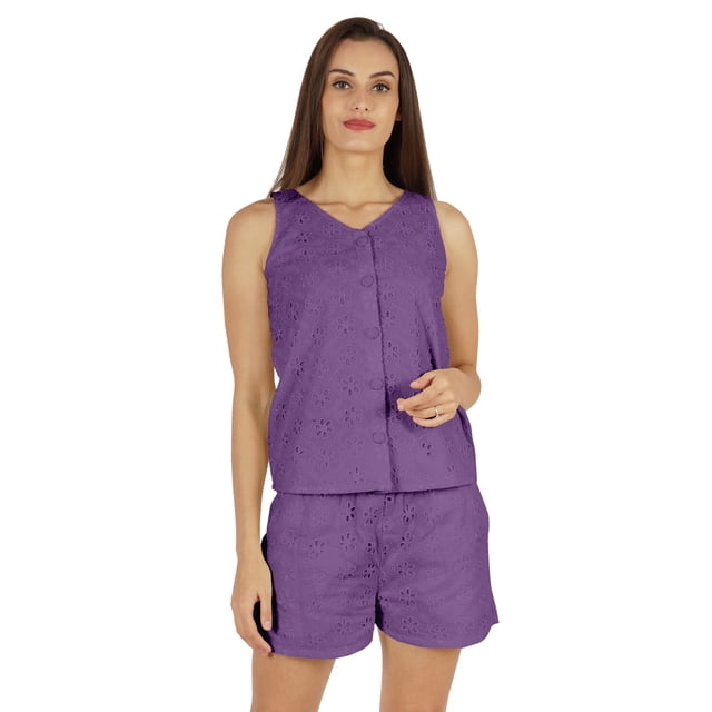 Bimba Ensemble de Nuit en Schiffli Uni Haut et Short pour Femmes Décontracté 2 Pcs Ensemble de Détente Aguichant