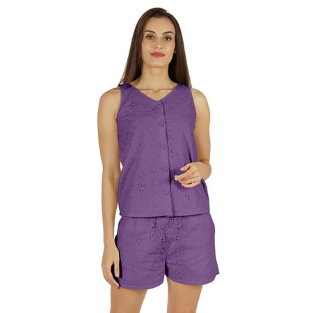 

Bimba Solid Schiffli Top & Short Nightwear Set For Womens Casual 2 pcs Sexy Lounge Sleepwear Set