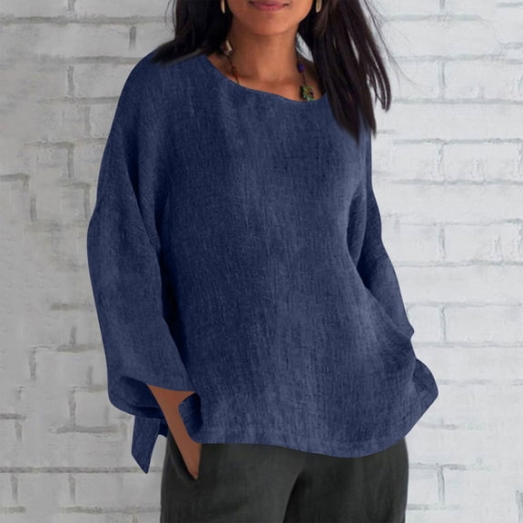 Fznquz Plain Long Sleeve T Shirt Women Loose Blue Shirts Fall Winter Casual Oversized Tshirts for Women