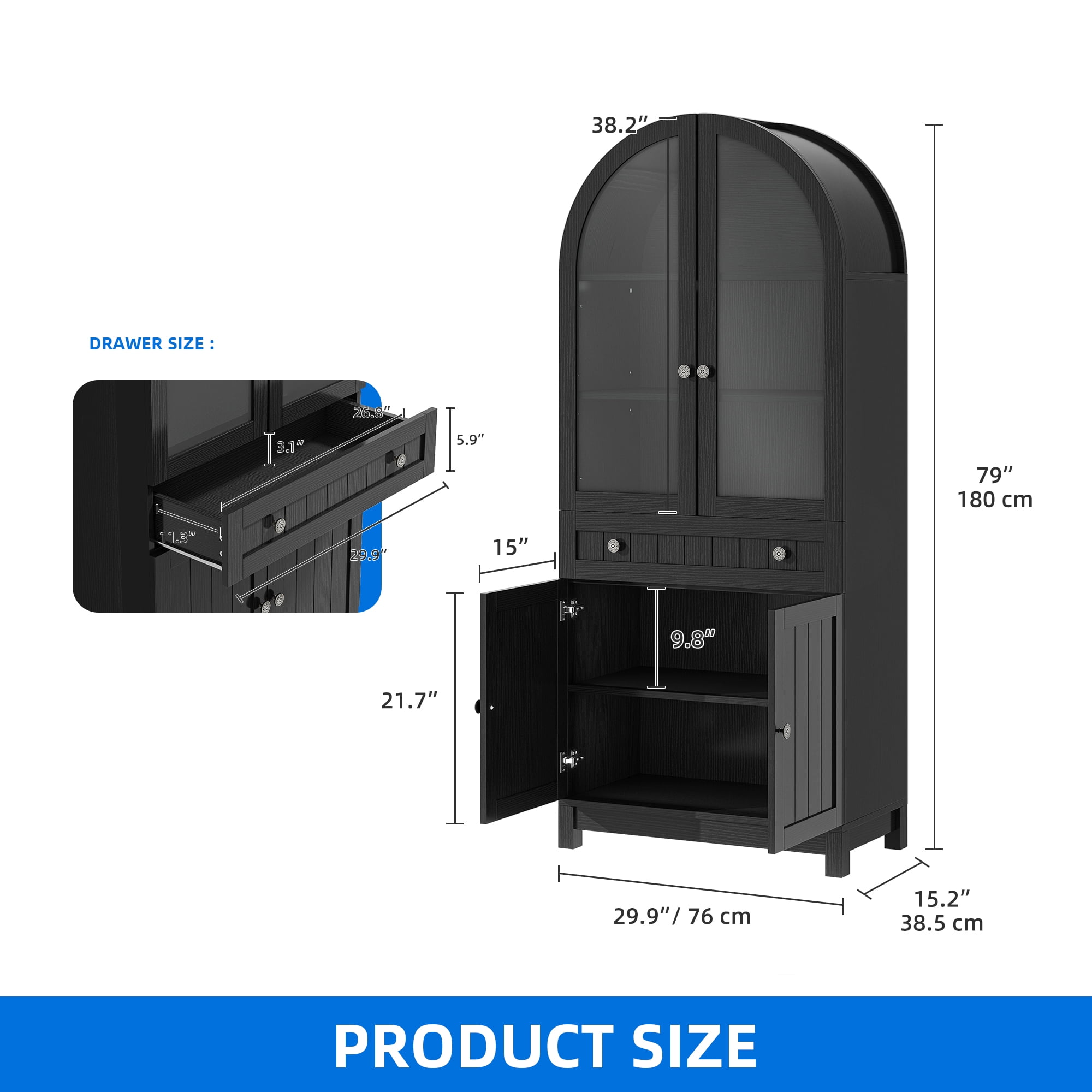 DEXTRUS 71" Tall Kitchen Pantry with Door & Drawer, Arched Kitchen Pantry Storage Cabinet, Black