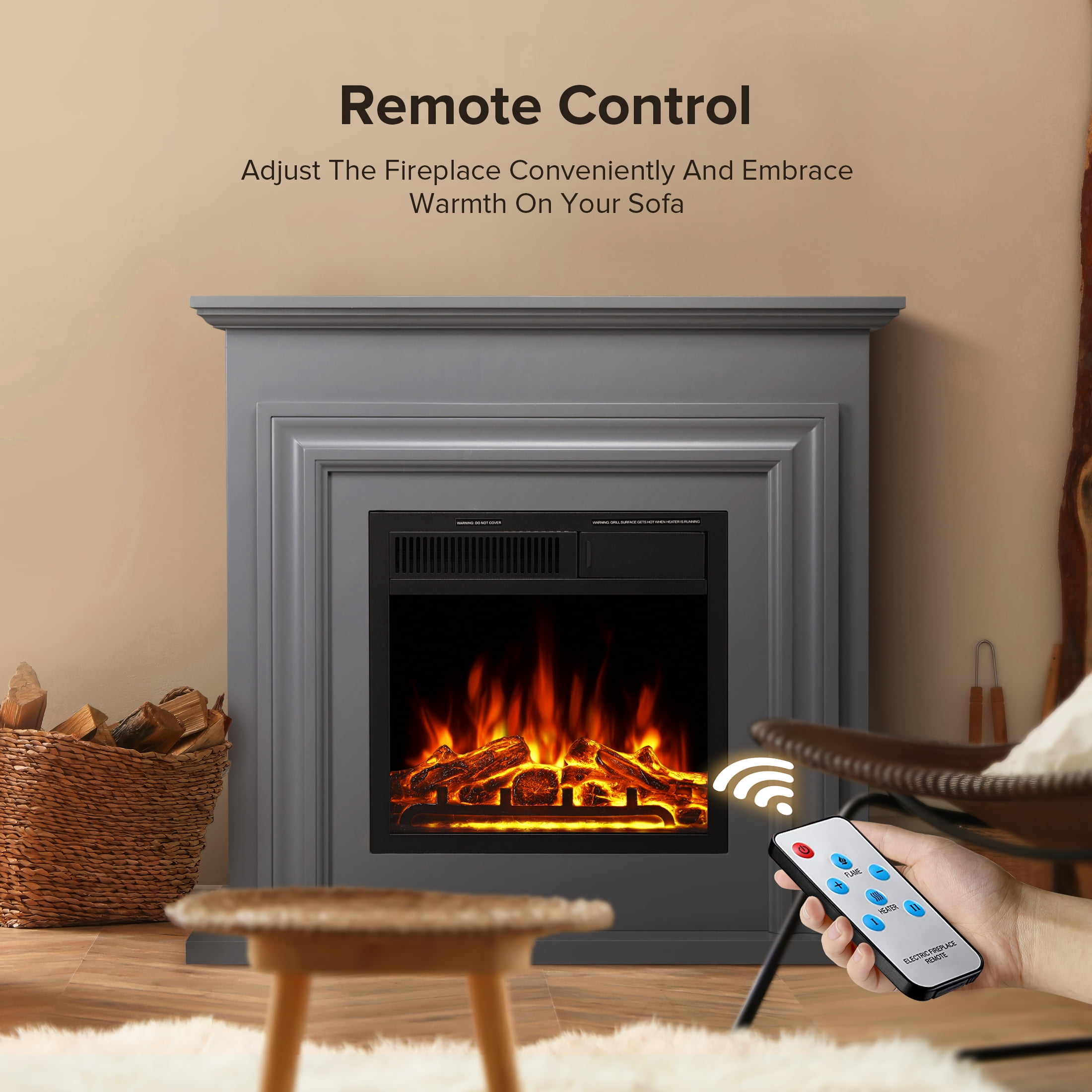 KISSAIR Electric Fireplace Mantel Wooden Surround Firebox, Free Standing Fireplace, with Remote Control, Adjustable LED Flame, 750W/1500W -Grey