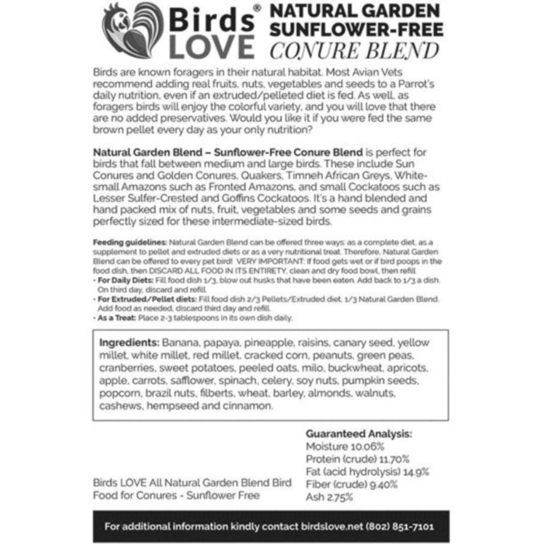 Birds LOVE Natural Garden Sunflower-Free Conure Bird Food, Fruit, Nut, Vegetable & Seed Blend for Conures and Similar Parrots, Resealable Bag, 2 lb