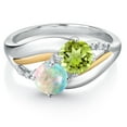 thumbnail image 2 of 925 Sterling Silver and 10K Yellow Gold White Simulated Opal Green Peridot and Lab Grown Diamond 2 Stone Engagement Ring for Women (1.09 Cttw, Round Cabochon 5MM, October Birthstone, Size 5), 2 of 4