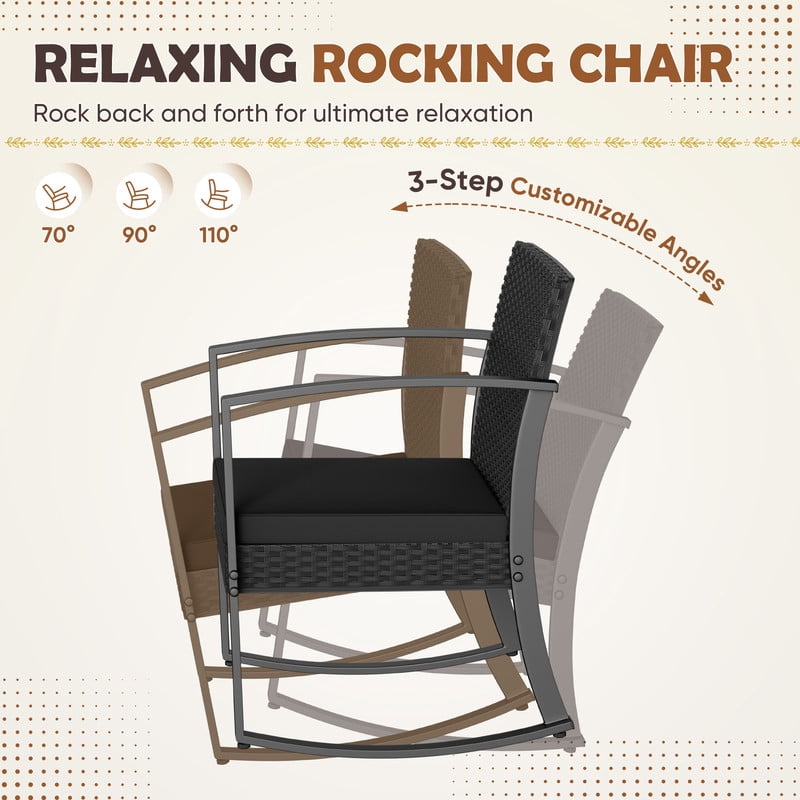 Homall Patio Furniture Set Outdoor Rocker All Weather PP Rocking Chair with Cushion Set of 3, Gray