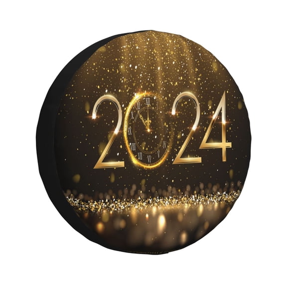 Fuzoiu 2024 Happy New Year Print Universal Spare Tire Cover with Buckle Strap, Waterproof Wheel Covers for Jeep, Trailer, RV, Truck and All Car-15 inch