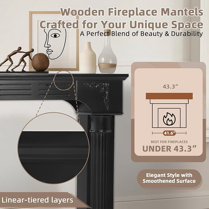 EPICOZY 43.3" Fireplace Mantel, Freestanding Fireplace Surround with Leg for Electric Fireplaces, MDF Mantel Surround with Shelf for Living Room with Decorative Pattern, Anti-Tipping & Waterproof