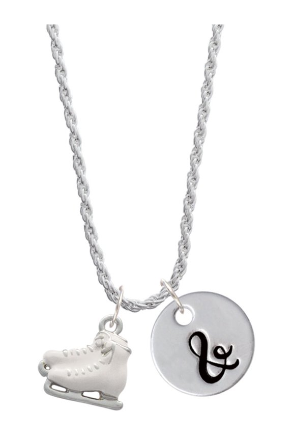 Silvertone White Ice Skates Silvertone Script Initial Disc - & - Charm Necklace, 20"+3"