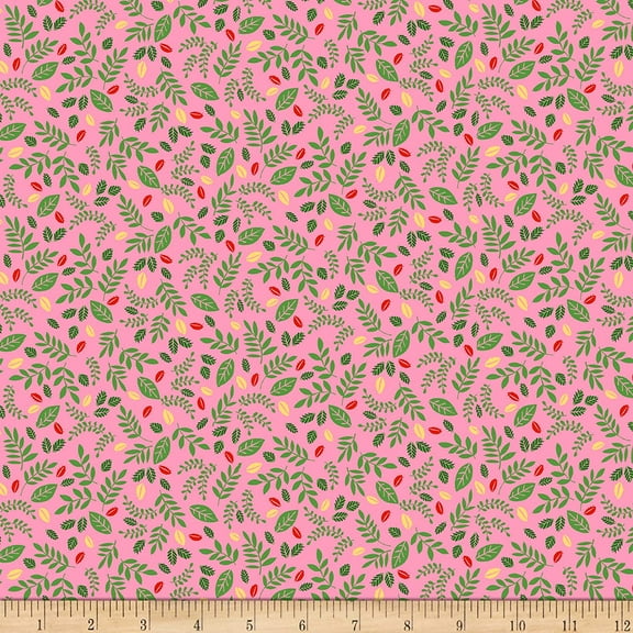 QT Fabrics Dandi-Lions Leaf Toss Pink Cotton fabric by the Yard