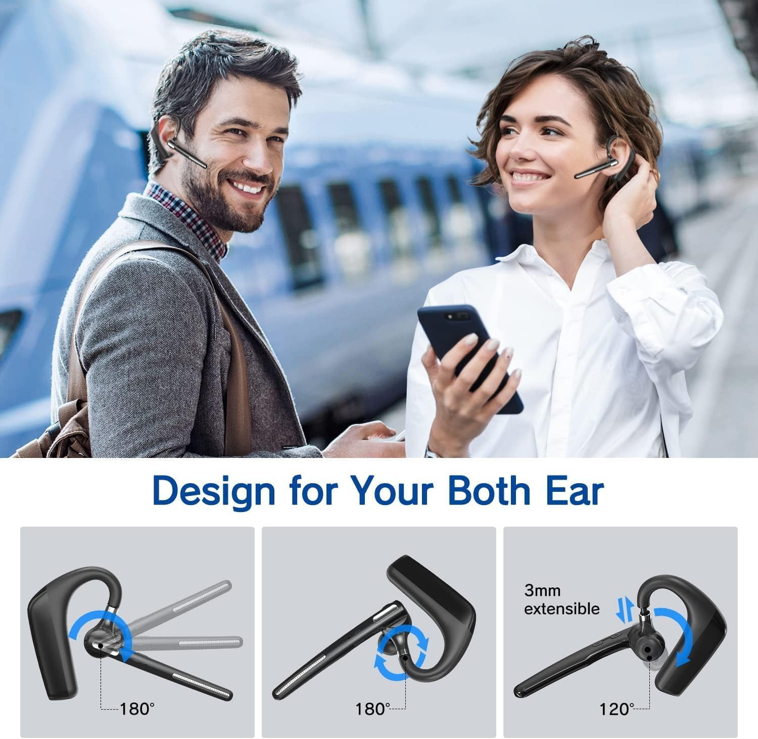 Bluetooth Headset - Wireless Headset with Microphone 90 Days Standby/110 Hours Talktime, Bluetooth Earpiece for Cell Phone/PC Tablet/Laptop Computer, Headphones for Trucker/Driver/Business
