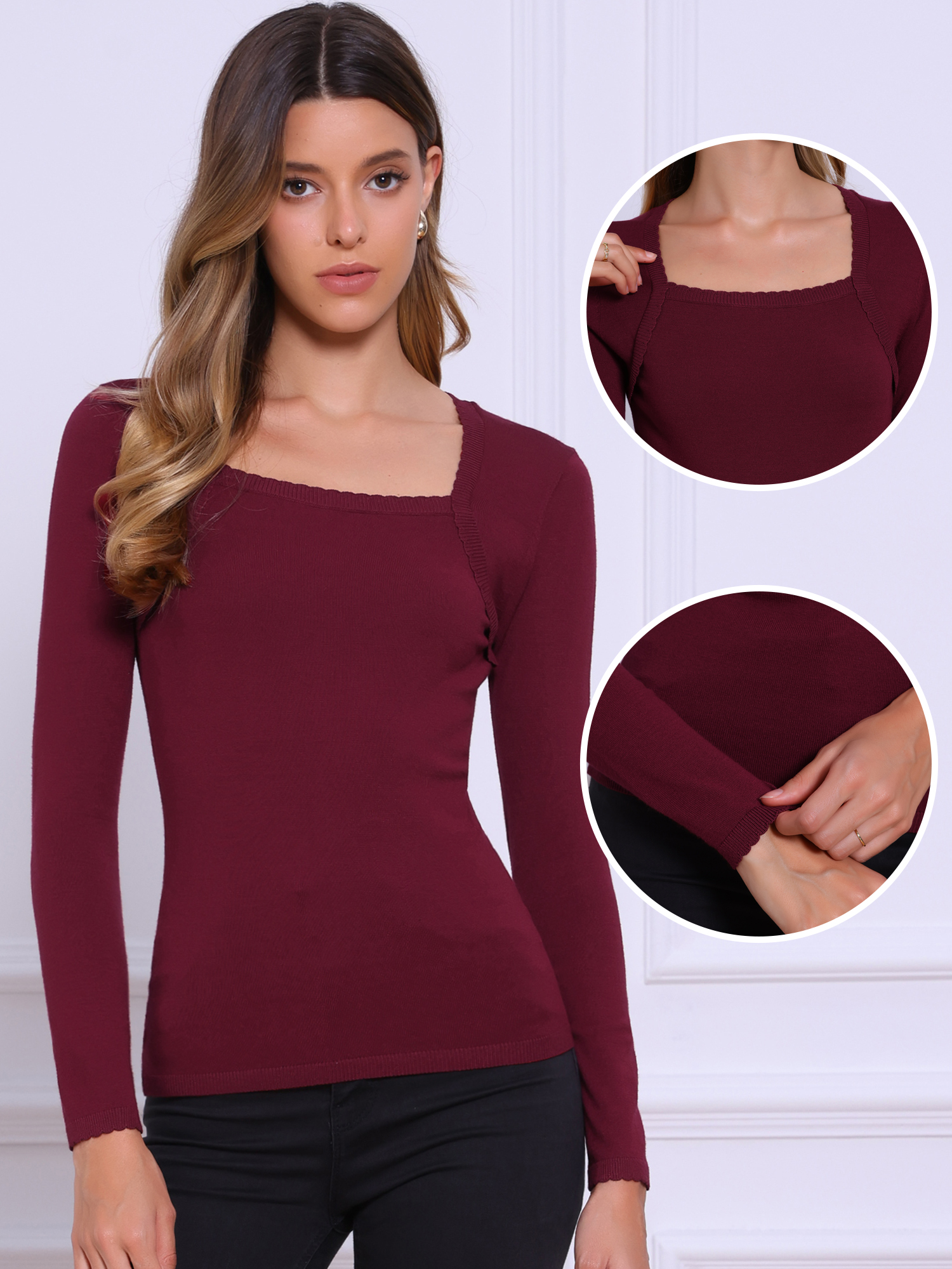 DARING DIVA Women's Square Neck Long Sleeve Ribbed Knit Cute Top Shirts S Deep Red