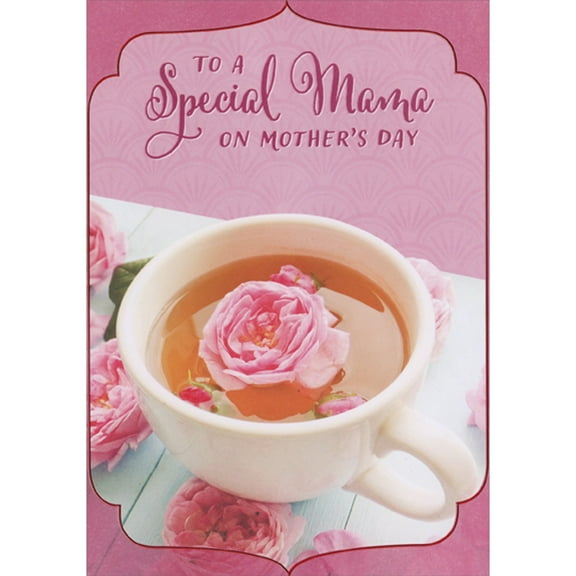 Designer Greetings Pink Flower Floating in White Coffee Cup Photo on Pink Background Mother's Day Card for Mama