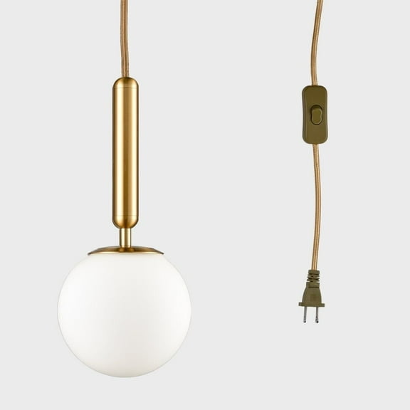 Modern Gold Pendant Light with Plug-in Cord,Milk Glass Pendant Lighting Globe
