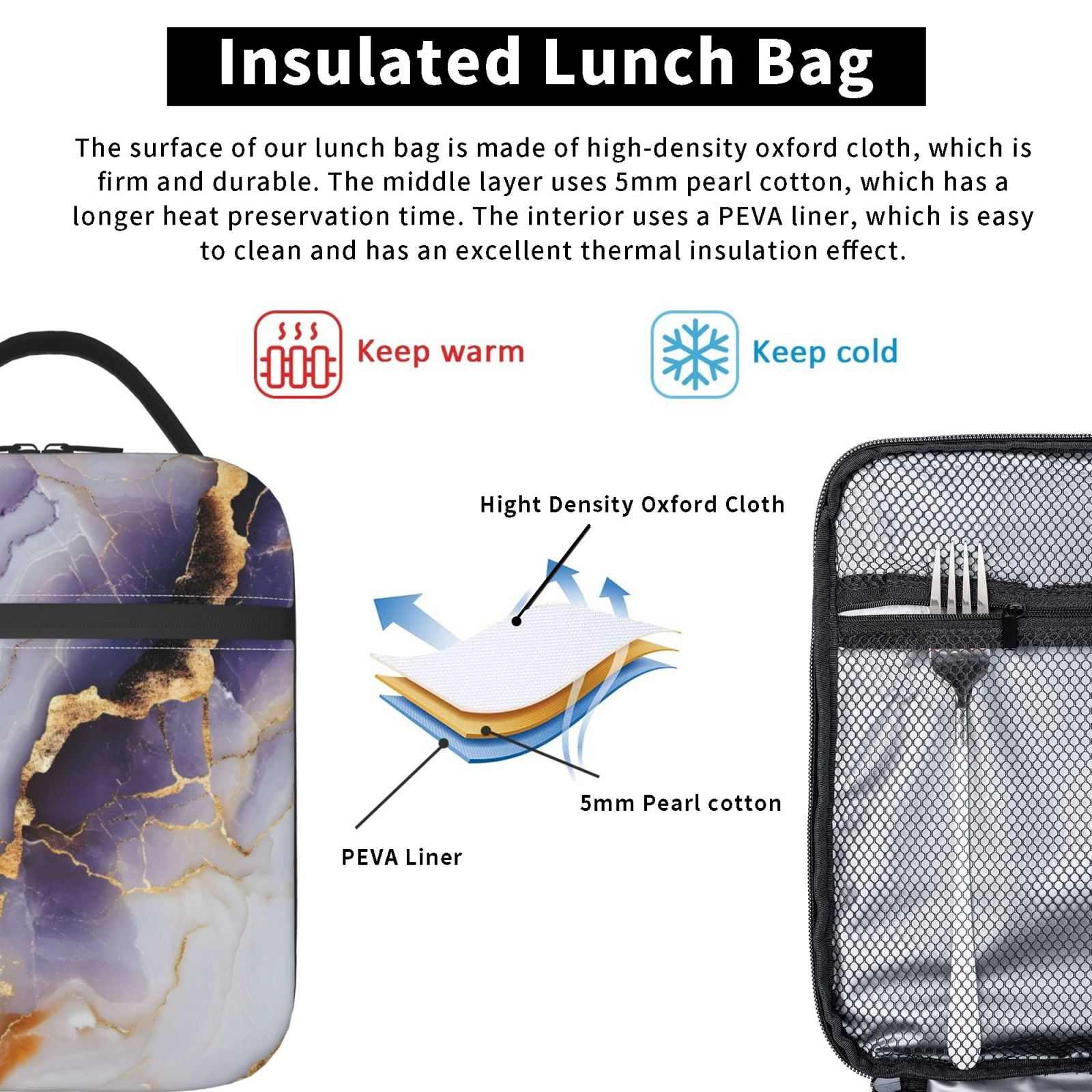 Lunch Bag For Women Men Insulated Portable Lunch Box Bento Box Office Picnic Travel Cooler Bag Purple-White-Gold Marble