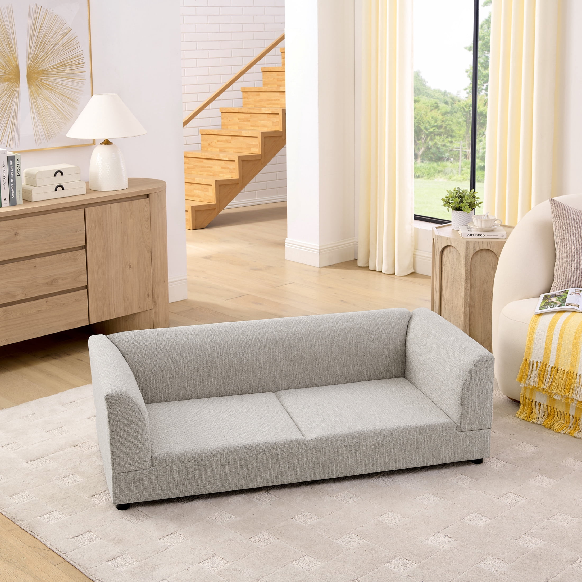 Noble House 57" Comfortable Oversized Pet Sofa, Modern Rectangular Dog Bed with Armrests and Cushion, Beige