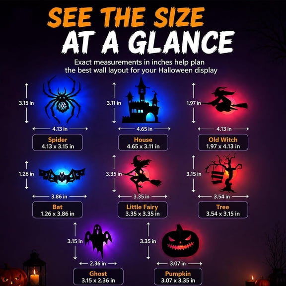 8PCS Spooky Halloween Lights Wall Decor, Silhouette Stickers Wall Light Halloween Decorations, 3D Light up Bats Ghost Witch Spider Wall Decals for Wall