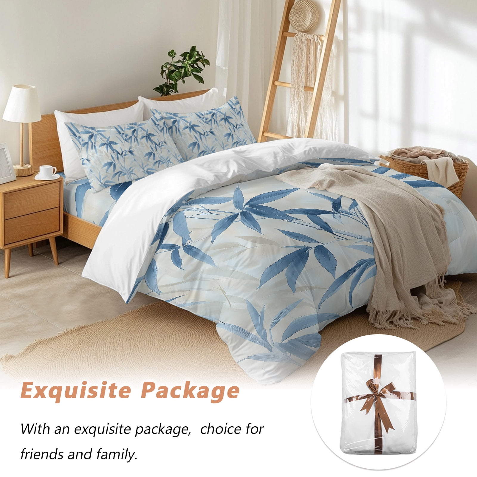 Abstract Bamboos Leaf Queen Duvet Cover Set, Blue Branches Leaves Watercolor 4 Piece Microfiber Bedding Set with Zipper Closure, Bed Sheet and 2 Pillow Shams, Soft Bedding Cover