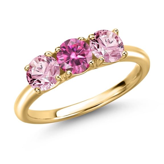 Gem Stone King 18K Yellow Gold Plated Silver Pink Moissanite and Pink Lab Grown Diamond Engagement Ring for Women | 1.50 Cttw | Round 5MM | Gemstone Birthstone | Size 5