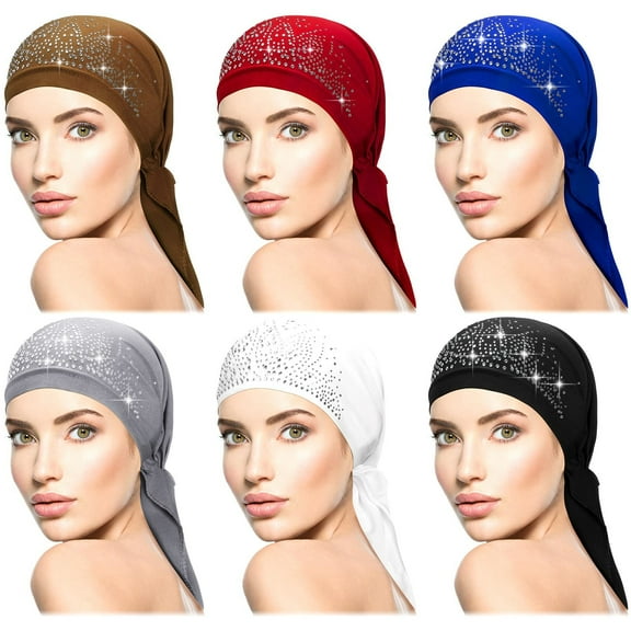 6PCS Rhinestone Head Scarf Stretchy Head Wrap Women Bandana Beanie Pre Tied Cap