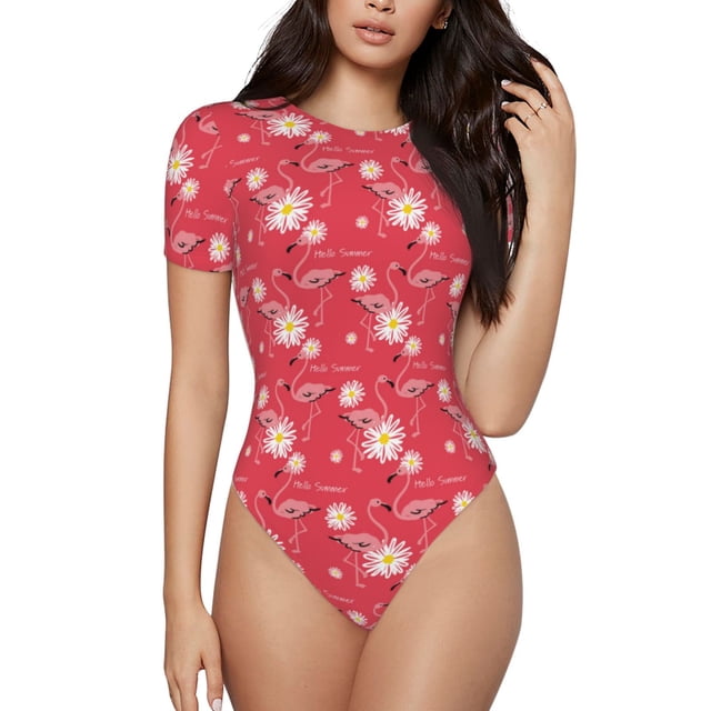 Easygdp Bonjour Flamant Rose d'Été pour Maillot de Bain une Pièce pour Femmes Ajusté Col Rond Justaucorps Maillot de Bain Athlétique avec Boucle Dissimulée-Petit