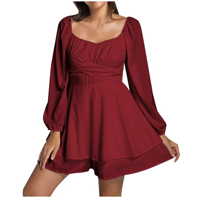 Women's Jumpsuit Solid Long Sleeve Ruffle Layer Tie Mini Short Romper Outfit for Any Occasion
