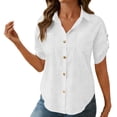 thumbnail image 1 of TaTaai Ladies' V-neck Short Sleeved Button Up Blouse, Fashionable Casual Solid Color Relaxed Fit All Season Daily Wear Top Gift, 1 of 7