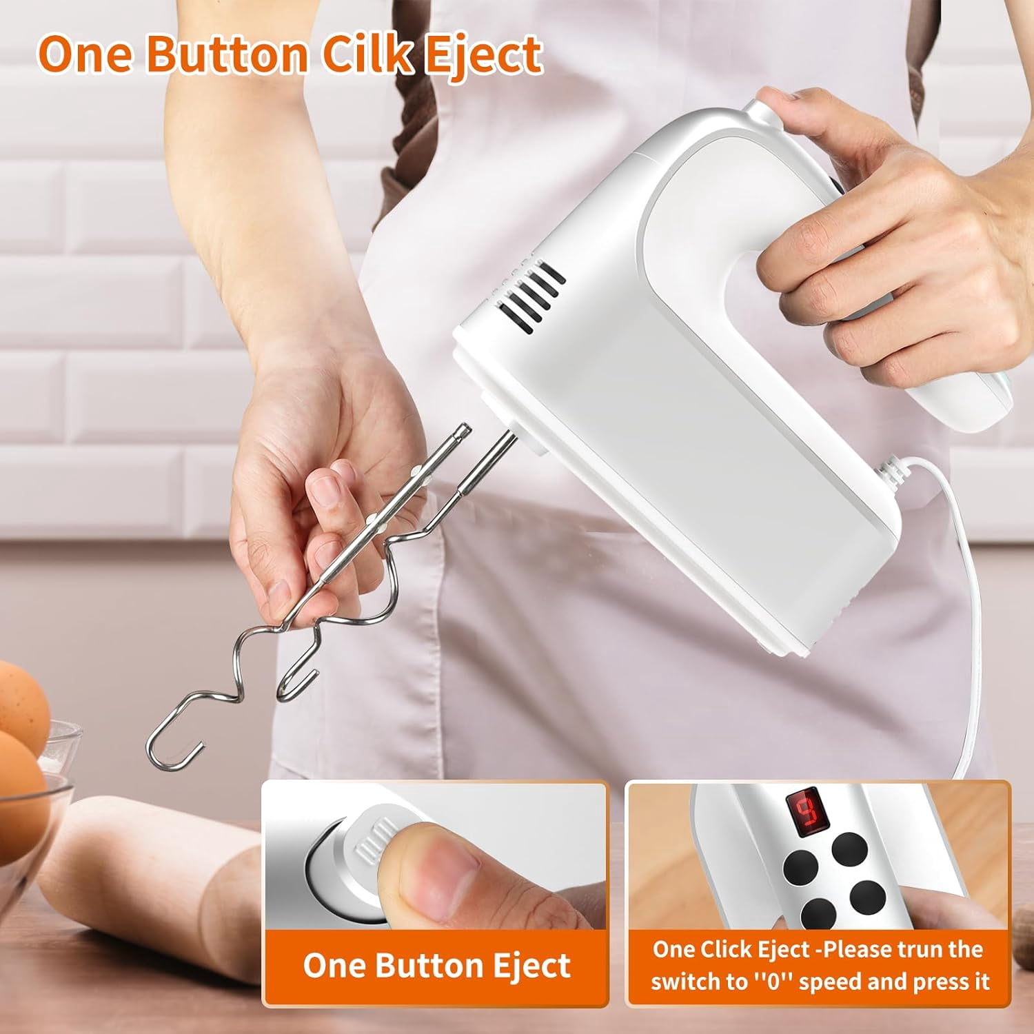 Electric Hand Mixer with Digital Display 9 Speeds 400W Quiet Motor for Baking