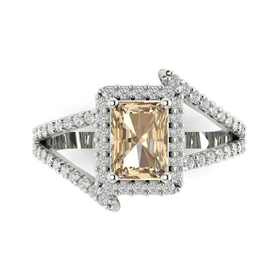 1.935 ctw with Simulated Diamond Halo Accents Anniversary Ring for Women | Emerald Cut Yellow Moissanite | Hyperallergenic Solid 14K White Gold