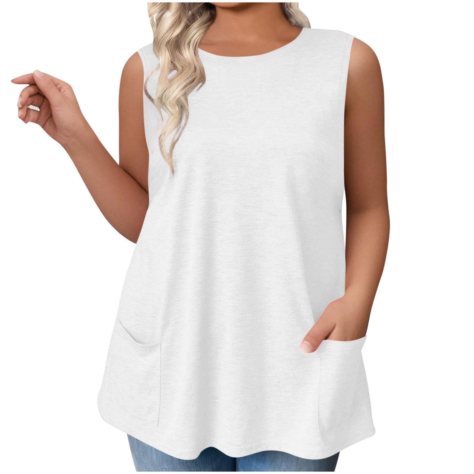 2 Pack ylioge L-4X Womens Plus Size Tank Tops with Pockets Sleeveless Crewneck Vests Ladies Casual Solid Color Loose Pullover Going-Out Loungewear Cami Top